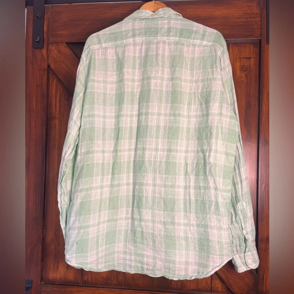 Polo Ralph Lauren Linen‎ Light Green and White Plaid Men's XL Long Sleeve Shirt
